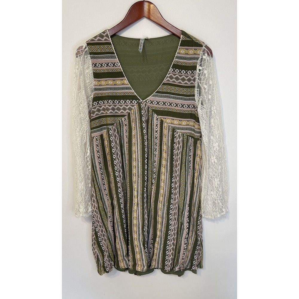Dress Babydoll M Green‎ Stripe Lace Bell Sleeves Boho Festival Peasant Andree